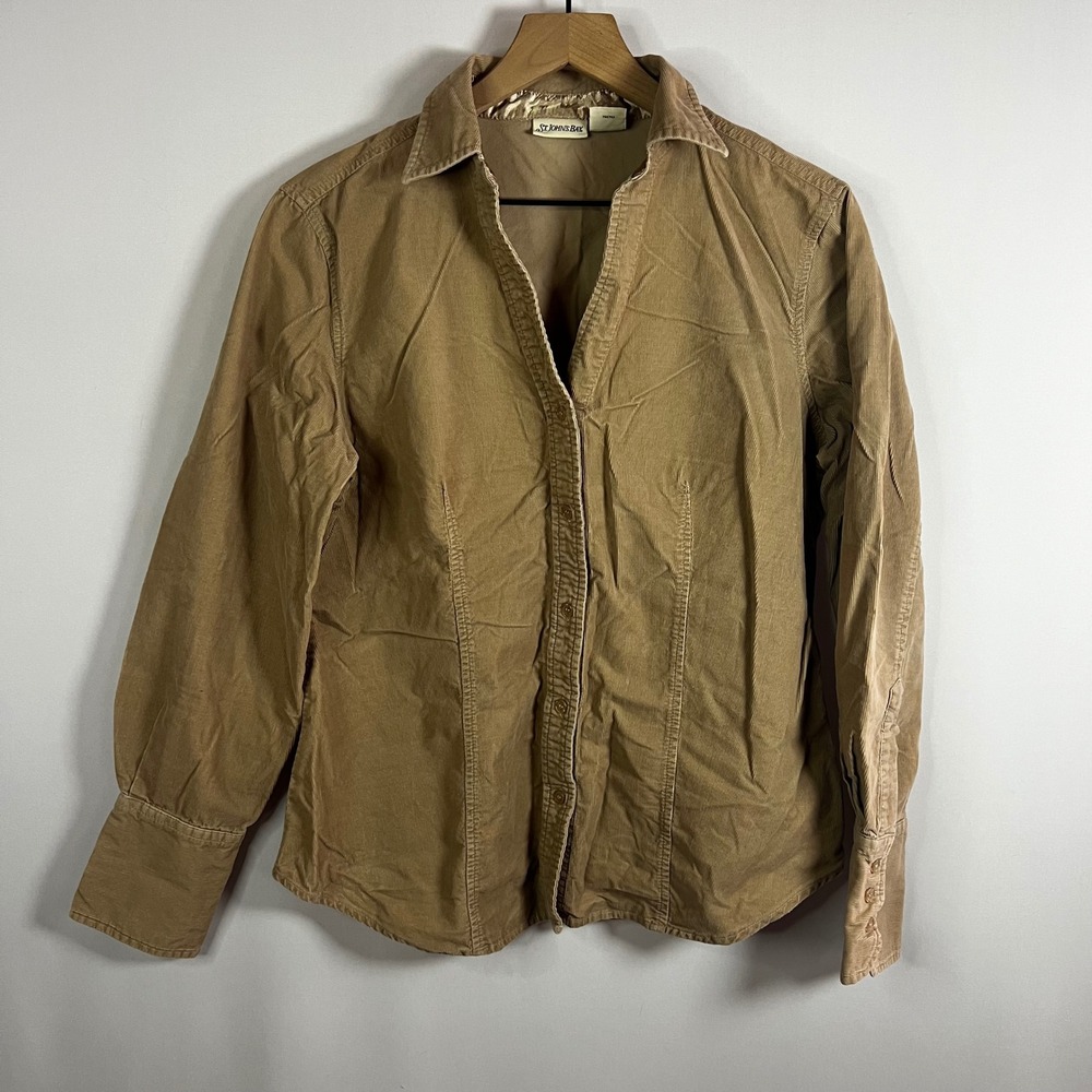 Vintage St. John's Bay Top Women Large Tan Corduroy V-Neck Button Down Blouse